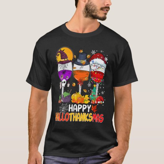 Happy Hallothanksmas Wine Glasses Witch Santa Hat  Tシャツ (正面)