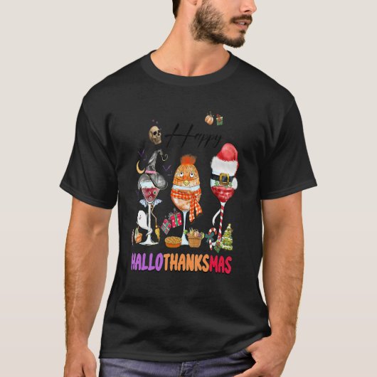 Happy Hallothanksmas Wine Glasses Witch Santa Hat  Tシャツ (正面)