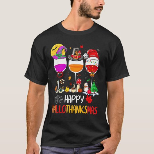 Happy Hallothanksmas Wine Glasses Witch Santa Hat  Tシャツ (正面)