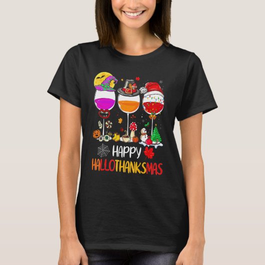 Happy Hallothanksmas Wine Glasses Witch Santa Hat  Tシャツ (正面)