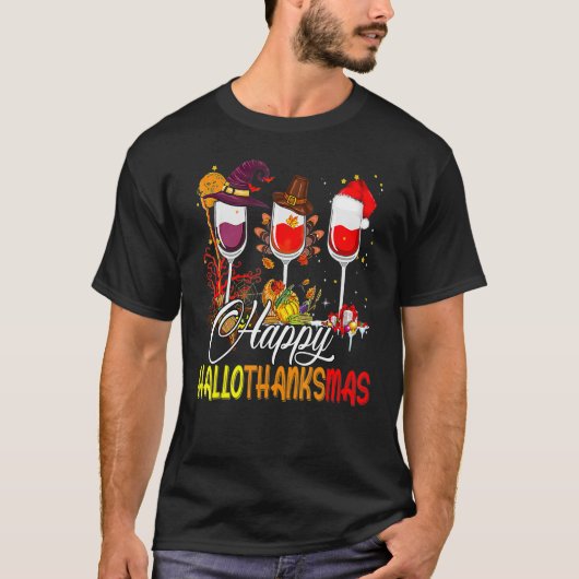 Happy Hallothanksmas Wine Glasses Witch Santa Hat  Tシャツ (正面)