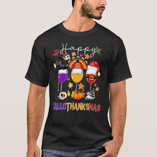 Happy Hallothanksmas Wine Glasses Witch Santa Hat  Tシャツ (正面)