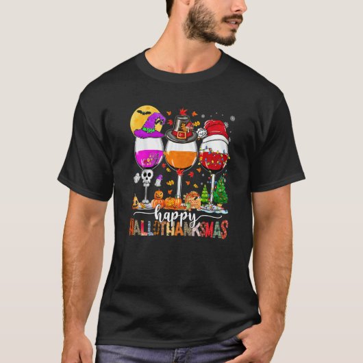 Happy Hallothanksmas Wine Glasses Witch Santa Hat Tシャツ (正面)