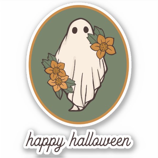 Happy Halloween Autumn Ghost With Flowers シール (正面)