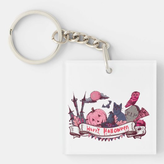 Happy Halloween Banner with Castle, Pumpkin, Black キーホルダー (正面)