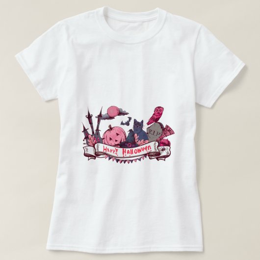 Happy Halloween Banner with Castle, Pumpkin, Black Tシャツ (デザイン正面)