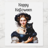 Happy Halloween Beautiful Witch And Her Black Cat ワインラベル (シングルラベル)