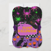 Happy Halloween Black Cat and Spiderweb 招待状 (正面)