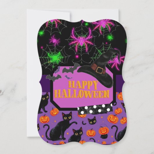 Happy Halloween Black Cat and Spiderweb 招待状 (正面)