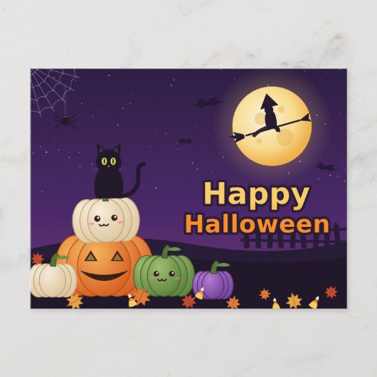 Happy Halloween Black Cat Pumpkins Witch Moon Post ポストカード (正面)