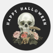 Happy Halloween Black Skull Pink Floral ラウンドシール (正面)