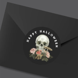 Happy Halloween Black Skull Pink Floral ラウンドシール