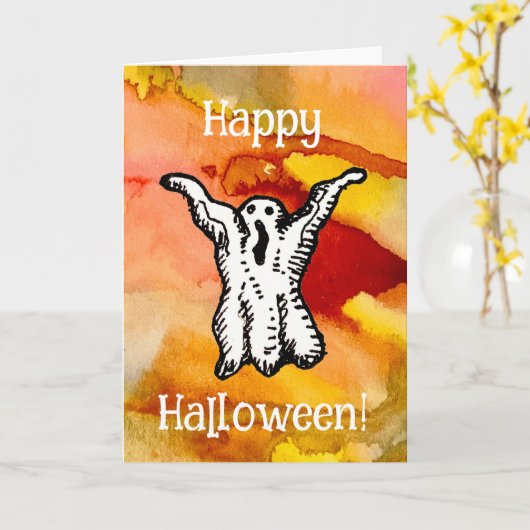 Happy Halloween Cartoon Ghost Doodle Greeting Card カード (黄色い花)