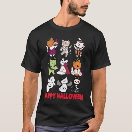 Happy Halloween Cat Characters Mummy Dracula Bat S Tシャツ (正面)