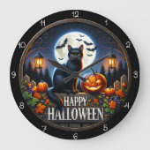 Happy Halloween Cat Pumpkin Full Moon ラージ壁時計 (正面)