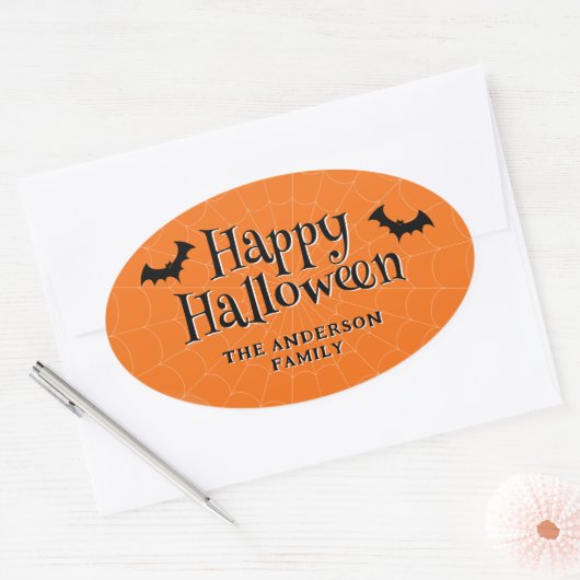 Happy Halloween Cobweb Bats Orange 楕円形シール (封筒)
