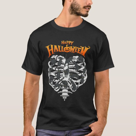 Happy Halloween Cool Black Cats Humor Skeleton Tシャツ (正面)