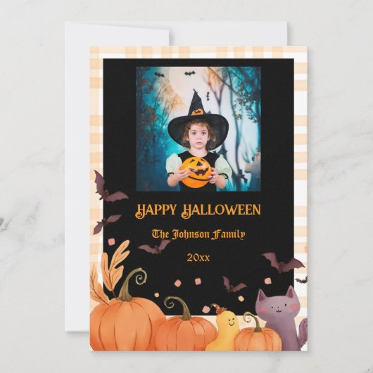 Happy Halloween Custom Photo Gingham Holiday Card カード (正面)