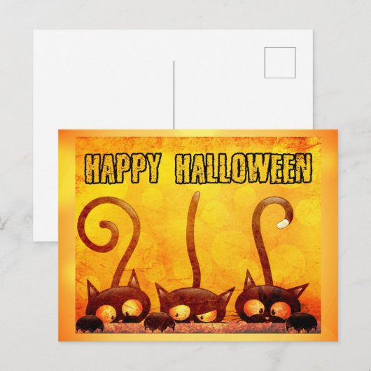 Happy Halloween Cute Black Cat Orange ポストカード (正面/裏面)