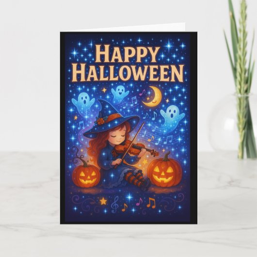 Happy Halloween Cute Musical Witch Greetings Card カード (正面)