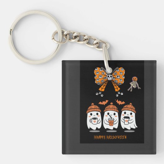 Happy Halloween – fantômes café mignons キーホルダー (正面)