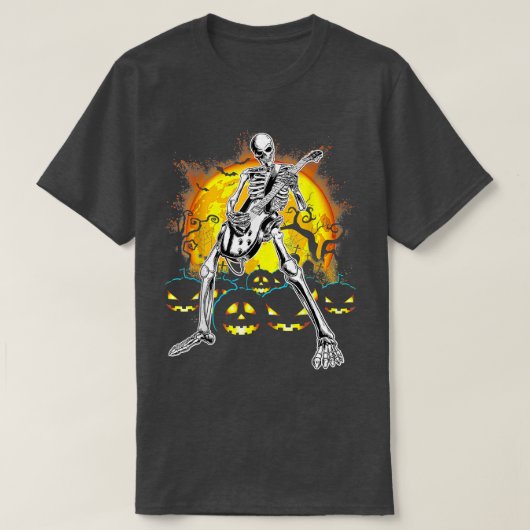 Happy Halloween Funny Skeleton Playing Guitar Pump Tシャツ (デザイン正面)