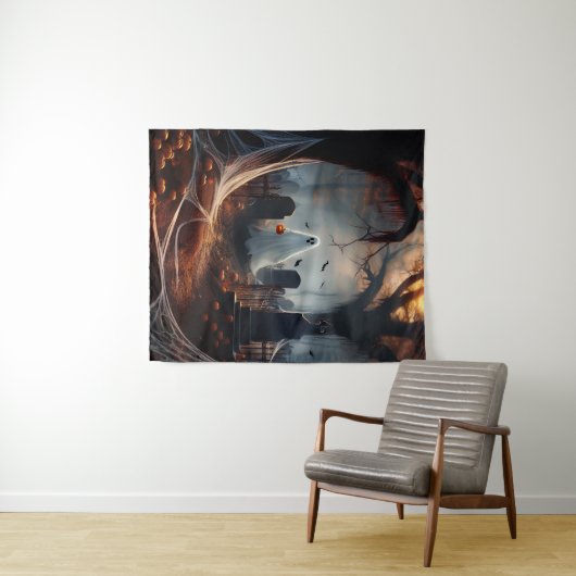 Happy Halloween Ghost In a Graveyard タペストリー (インサイチュ(横))