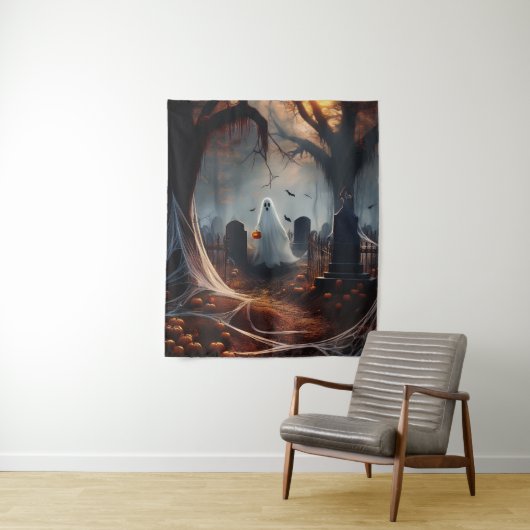Happy Halloween Ghost In a Graveyard タペストリー (インサイチュ)