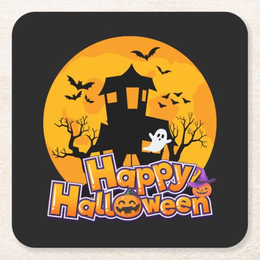 Happy Halloween Haunted House Moon スクエアペーパーコースター (正面)