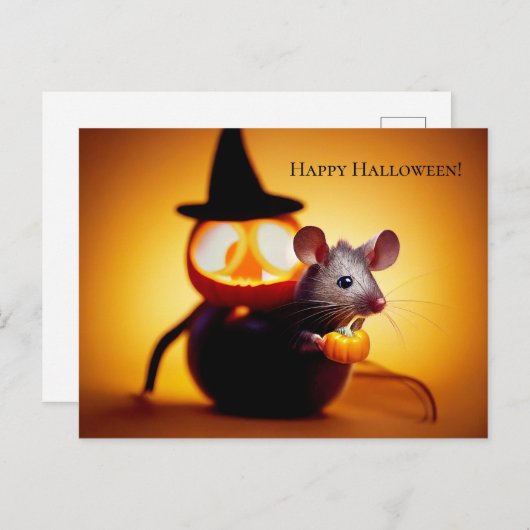 Happy Halloween. Kleine  niedliche Maus mit Kürbis ポストカード (正面/裏面)