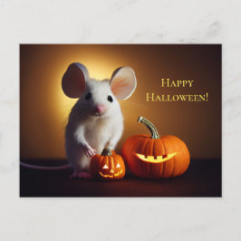 Happy Halloween. Kleine niedliche Maus mit Kürbis ポストカード