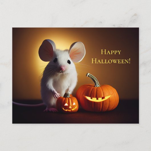  Happy Halloween. Kleine niedliche Maus mit Kürbis ポストカード (正面)