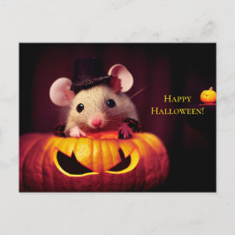  Happy Halloween. Kleine niedliche Maus mit Kürbis ポストカード