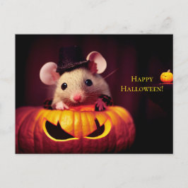  Happy Halloween. Kleine niedliche Maus mit Kürbis ポストカード