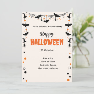 Happy Halloween Party Invitation with Bats, Stars  招待状
