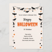 Happy Halloween Party Invitation with Bats, Stars  招待状 (正面/裏面)