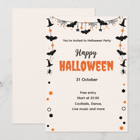 Happy Halloween Party Invitation with Bats, Stars  招待状 (正面/裏面)