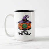 Happy Halloween Pumpkin Cottage & Witch Hat Roof ツートーンマグカップ (左)
