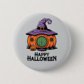 Happy Halloween Pumpkin Cottage & Witch Hat Roof 缶バッジ (正面)