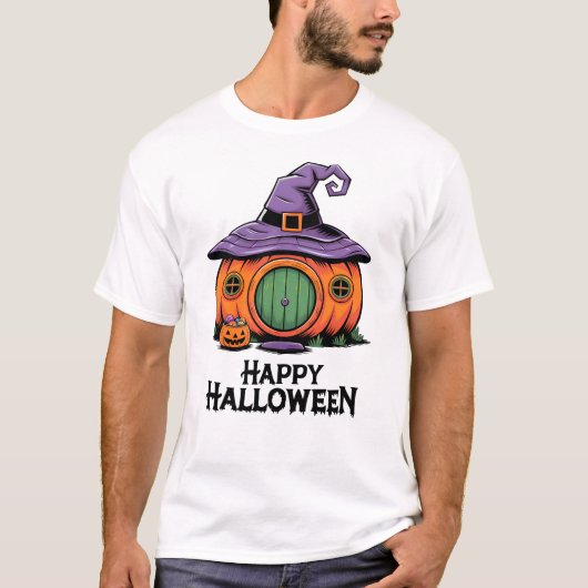 Happy Halloween Pumpkin Cottage & Witch Roof Hat Tシャツ (正面)