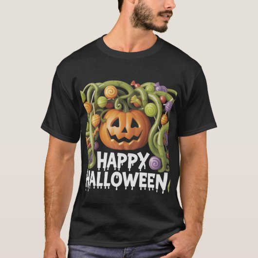 Happy Halloween Pumpkin Illustration with Candy Tシャツ (正面)