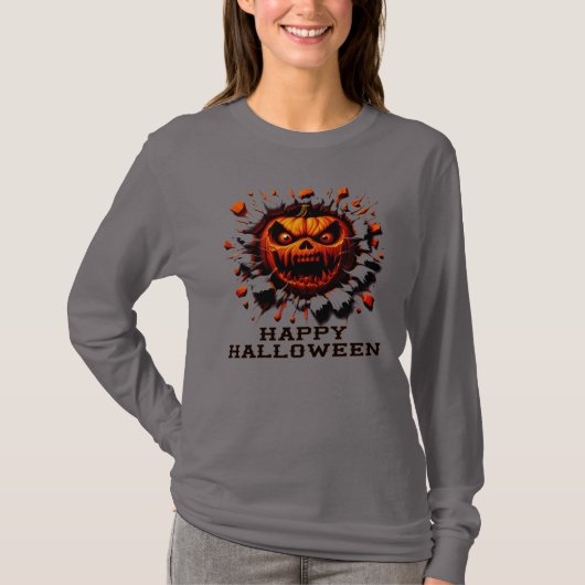 Happy Halloween Pumpkin Smashing Through T-Shirt Tシャツ (正面)