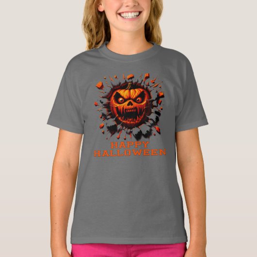 Happy Halloween Pumpkin Smashing Through T-Shirt Tシャツ (正面)