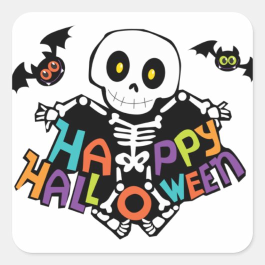 Happy Halloween (Skeleton and Bats) スクエアシール (正面)