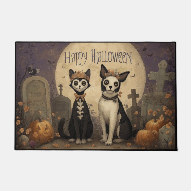 Happy Halloween Skeleton Cat and Dog in Graveyard ドアマット (正面)