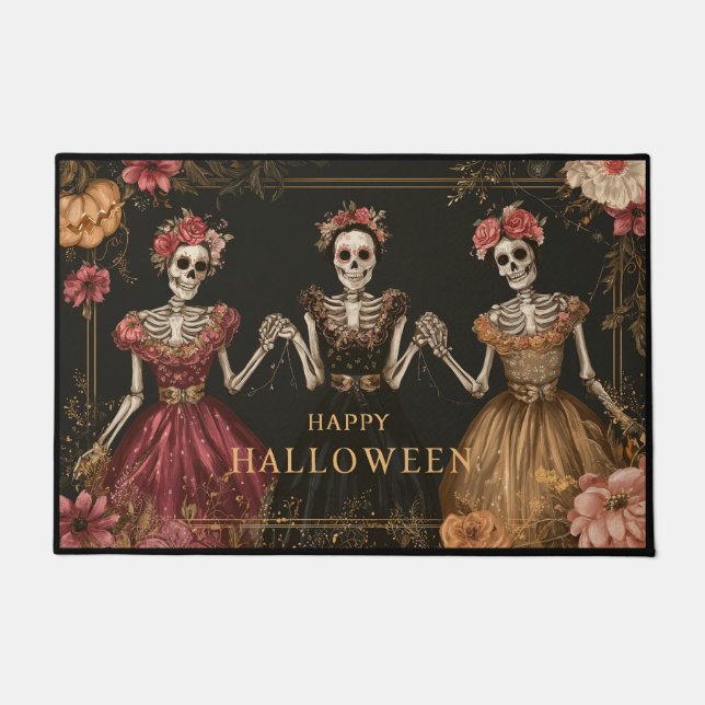 Happy Halloween Skeleton Dancers with Flowers ドアマット (正面)