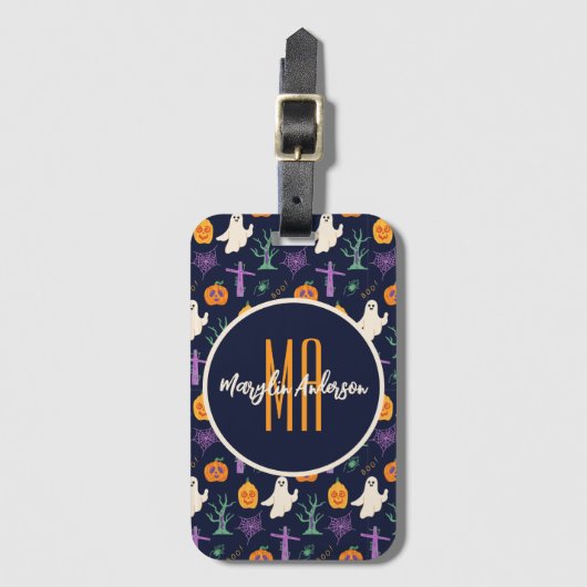 HAPPY HALLOWEEN SPOOKY CUSTOMIZABLE MONOGRAM ラゲッジタグ (正面縦)