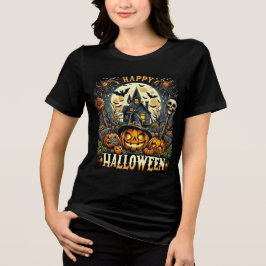 Happy Halloween Spooky Haunted House & Pumpkins トライブレンドＴシャツ