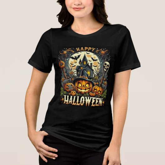Happy Halloween Spooky Haunted House & Pumpkins トライブレンドＴシャツ (正面)