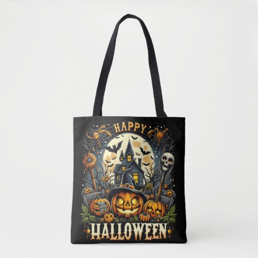 Happy Halloween Spooky Haunted House & Pumpkins トートバッグ (正面)